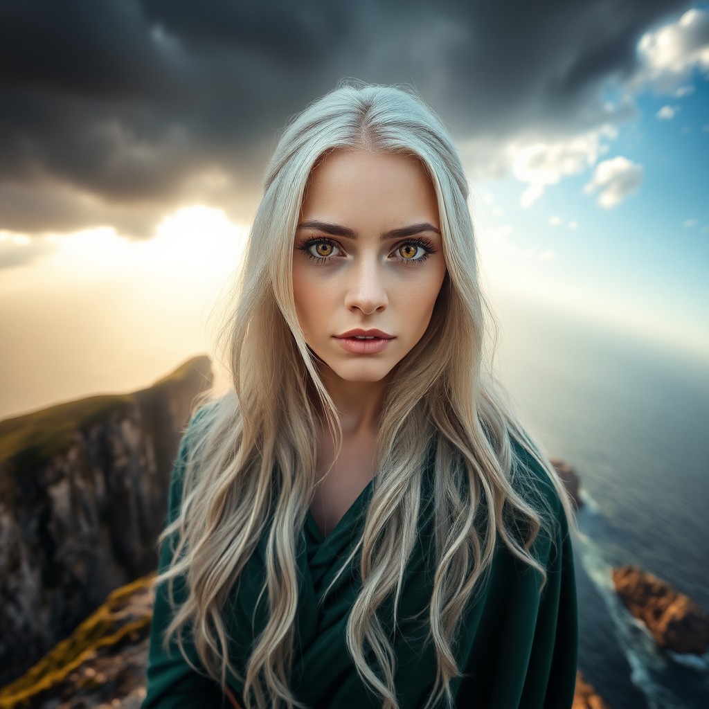 AI generated art for prompt: Craft a photorealistic portrait of an enigmatic Slavic woman with captivating amber eyes and long, p