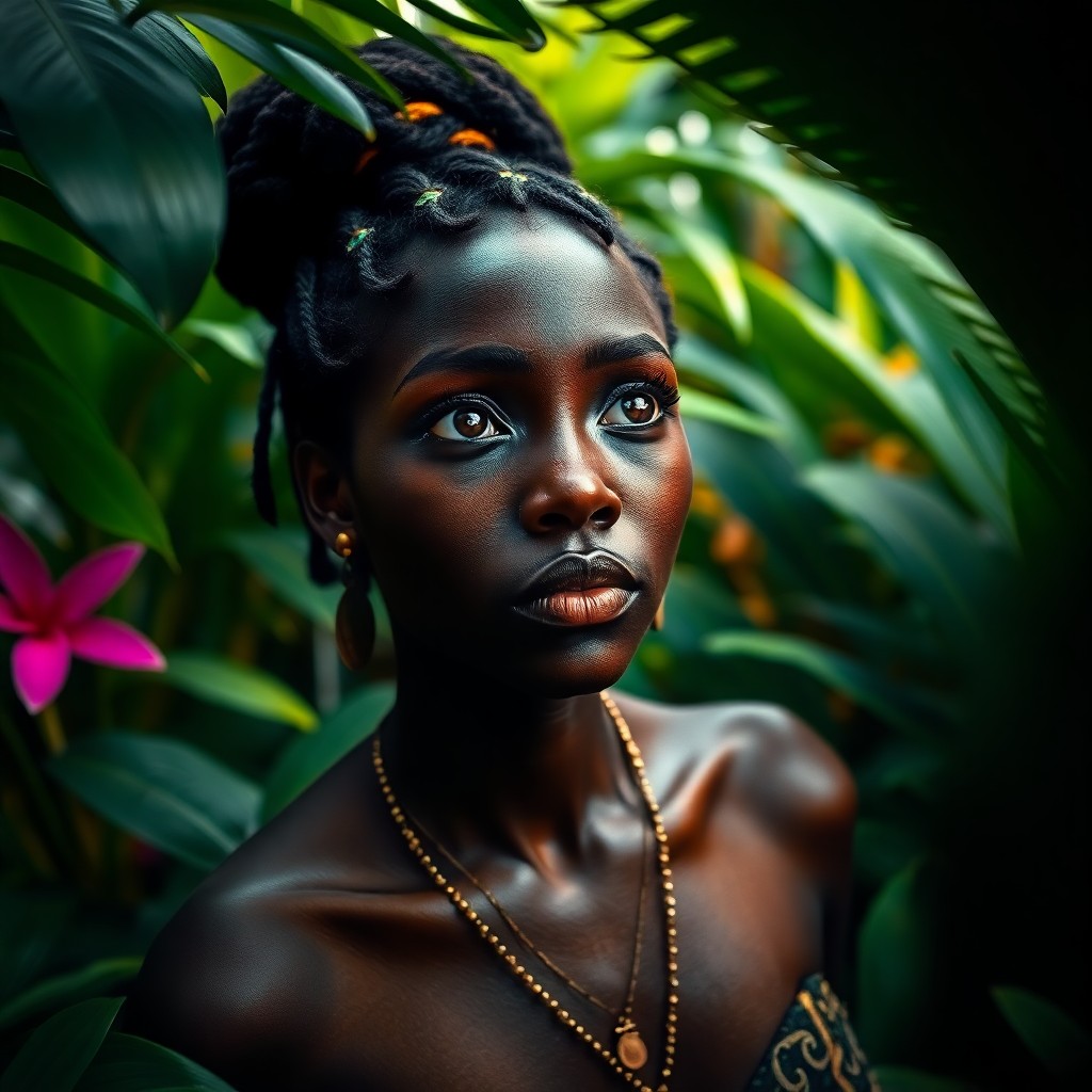 AI generated art for prompt: Hyperrealistic portrait of an enigmatic African woman with captivating hazel eyes and intricate trib