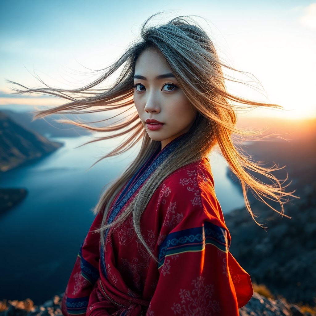 AI generated art for prompt: Imagine a captivating portrait of an East Asian woman with striking blue eyes and long hair streaked