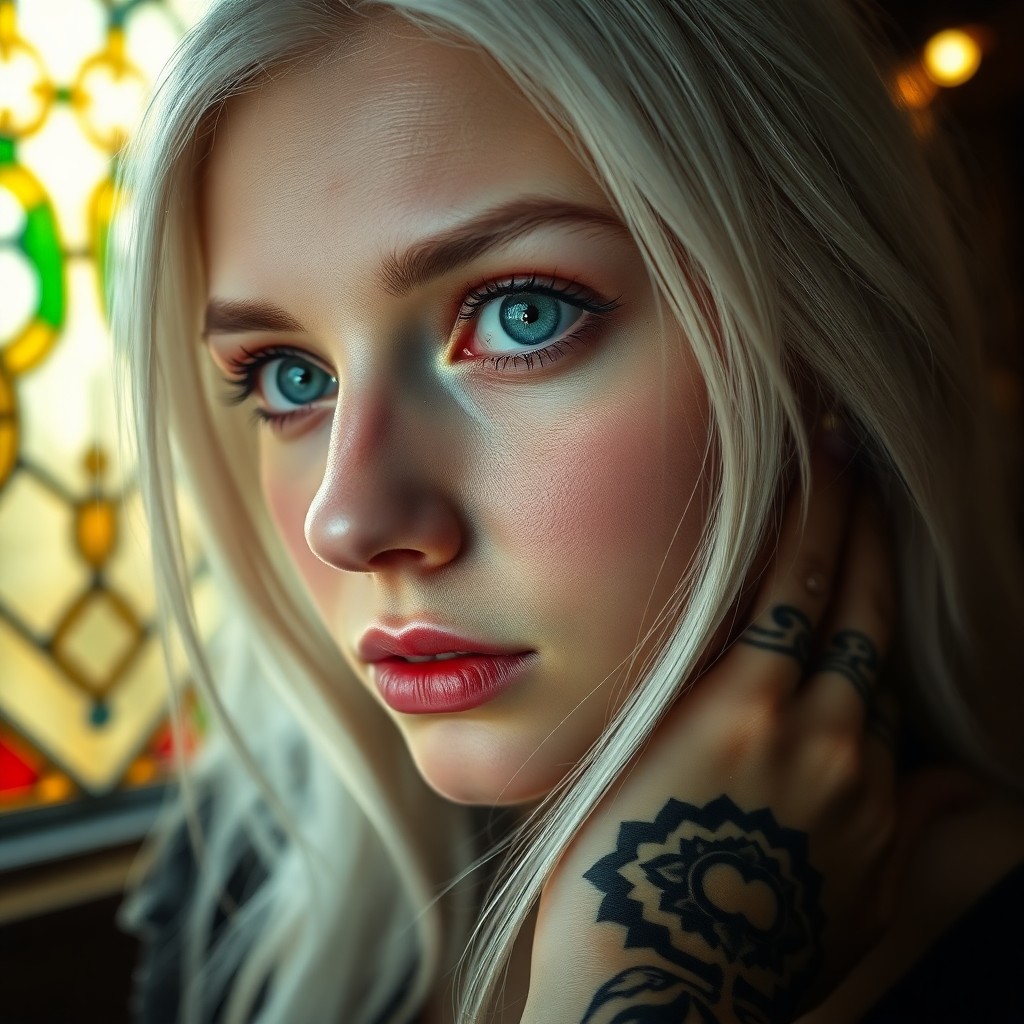 AI generated art for prompt: A photorealistic portrait photograph captures the enigmatic allure of a Nordic woman with piercing e