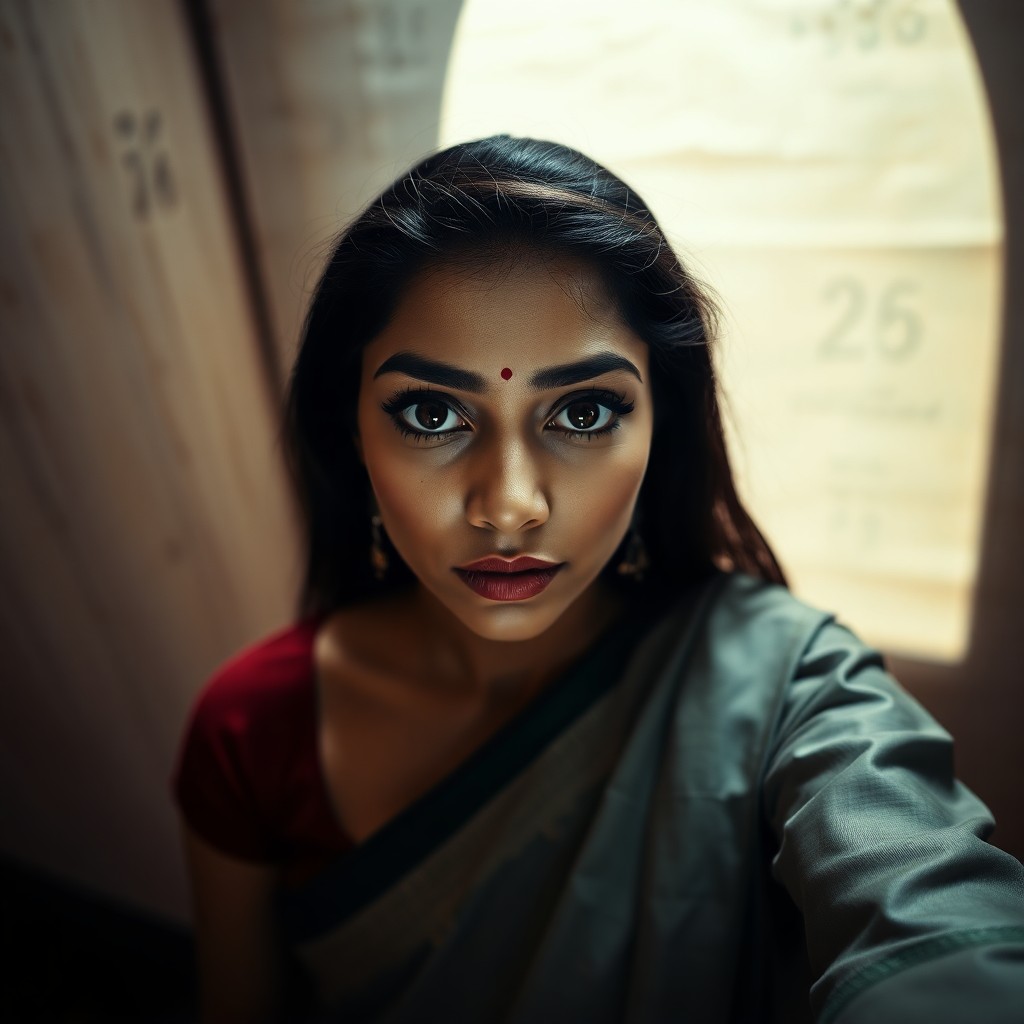 AI generated art for prompt: Conjure a portrait photograph exuding mystery, featuring a South Asian woman with deep brown eyes an