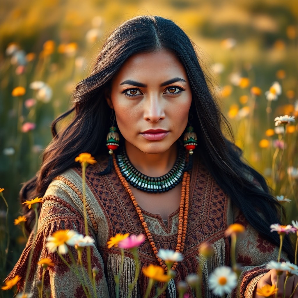 AI generated art for prompt: Envision a portrait photograph of a Native American woman exuding serenity and power with piercing d