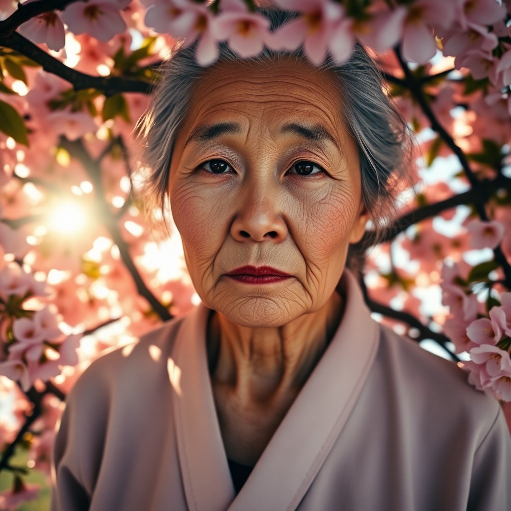 AI generated art for prompt: Envision a photorealistic portrait of an elderly East Asian woman with her serene visage adorned by 