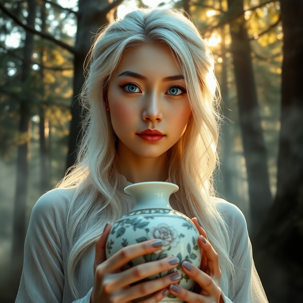 AI generated art for prompt: Craft a photorealistic portrait of an enchanting East Asian woman with mesmerizing blue eyes and cas