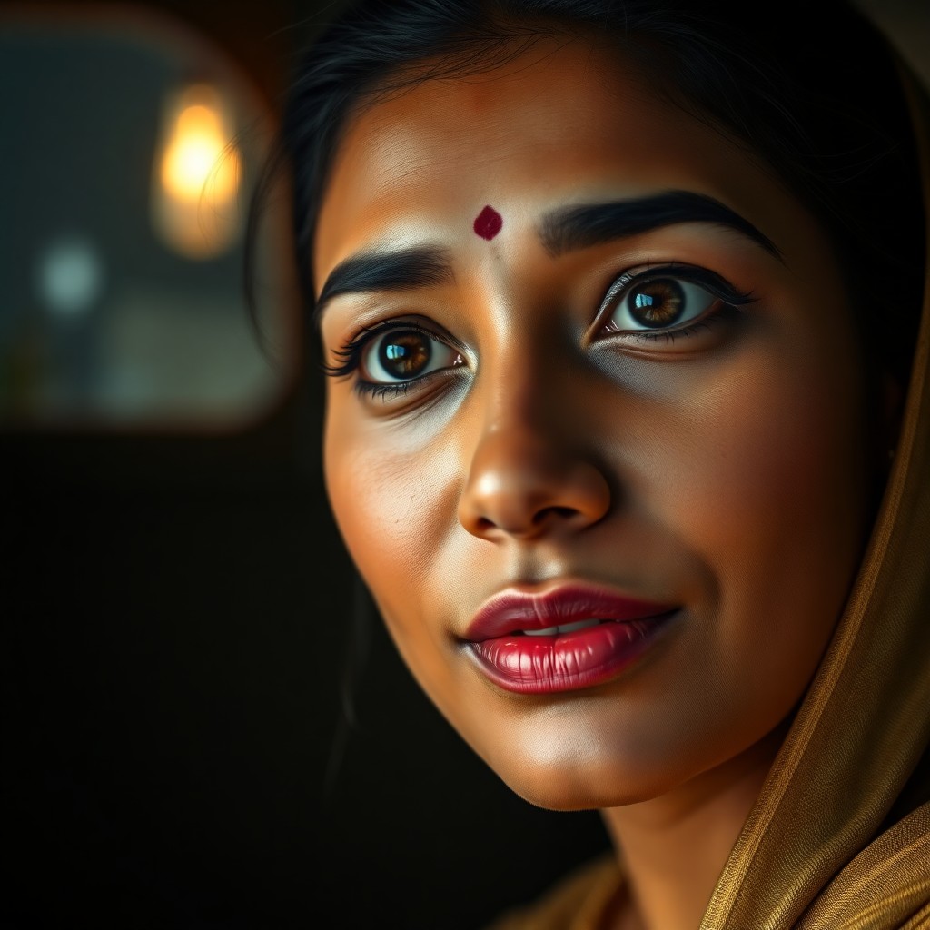 AI generated art for prompt: A photorealistic portrait of a South Asian woman captured from an intriguing low-angle perspective e