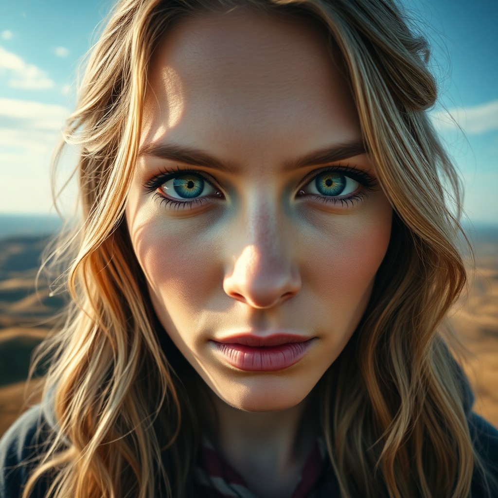 AI generated art for prompt: An ultrarealistic portrait photograph captures a Nordic woman's enigmatic gaze, her piercing green e