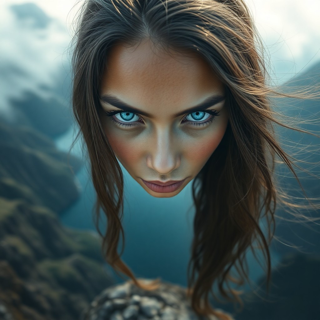 AI generated art for prompt: Envision a photorealistic portrait of an enigmatic Pacific Islander woman with piercing blue eyes, h