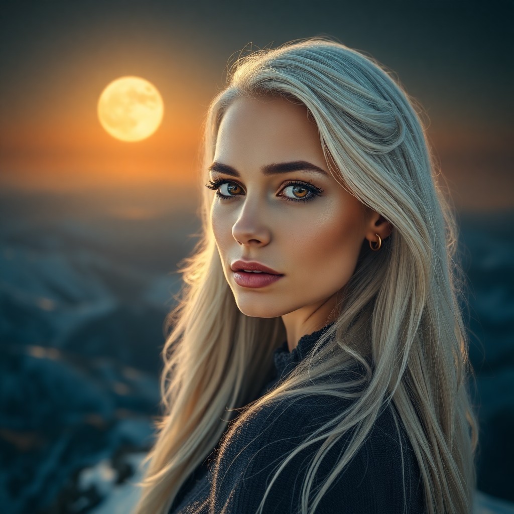 AI generated art for prompt: An ultrarealistic portrait photograph captures a direct European woman with striking amber eyes and 