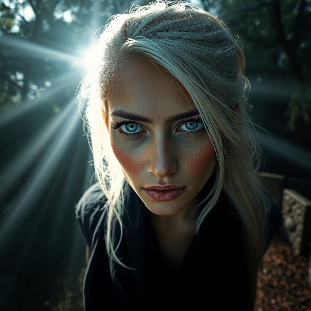 AI generated art for prompt: Craft an enigmatic portrait of a South Asian woman with piercing blue eyes and platinum blonde hair,