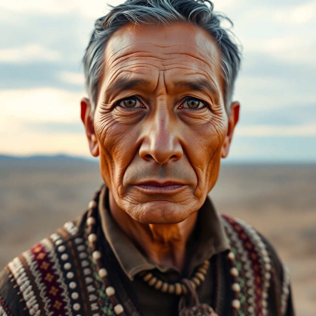 AI generated art for prompt: Craft a hyperrealistic portrait of a middle-aged Native American man with striking brown eyes and sh