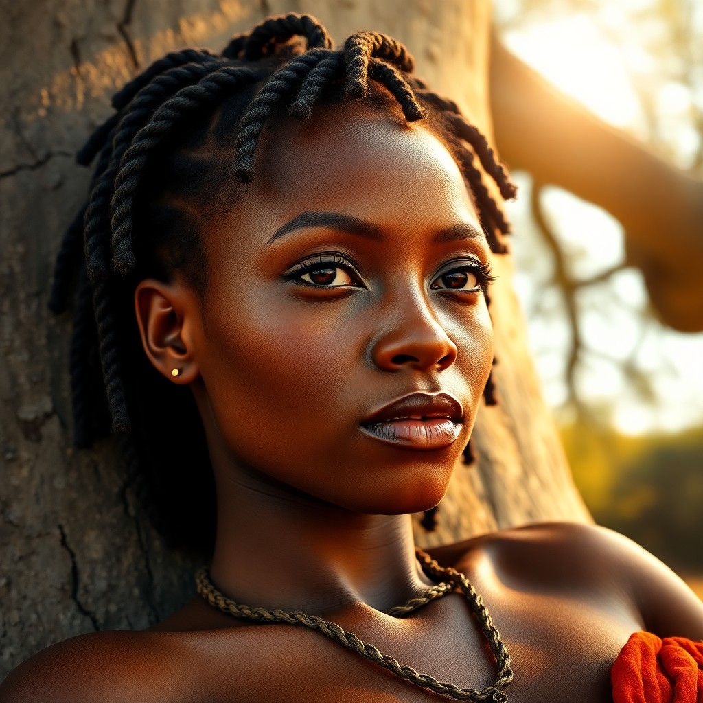 AI generated art for prompt: A photorealistic portrait depicts an African woman with warm honey-toned skin and dark hair styled i