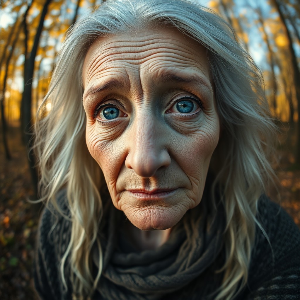 AI generated art for prompt: Craft a hyperrealistic portrait of an aged Nordic woman with piercing blue eyes, her skin weathered 