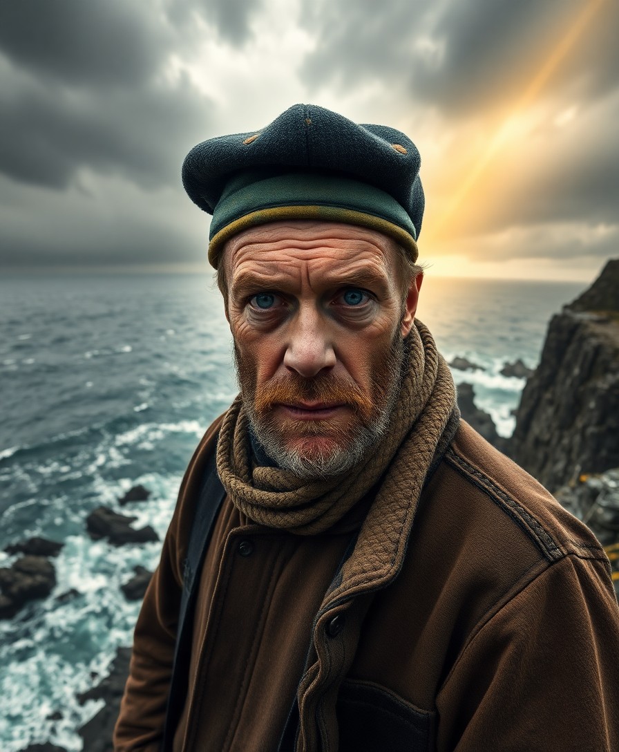 AI generated art for prompt: A photorealistic portrait photograph depicts a weathered Nordic fisherman with deep-set azure eyes a