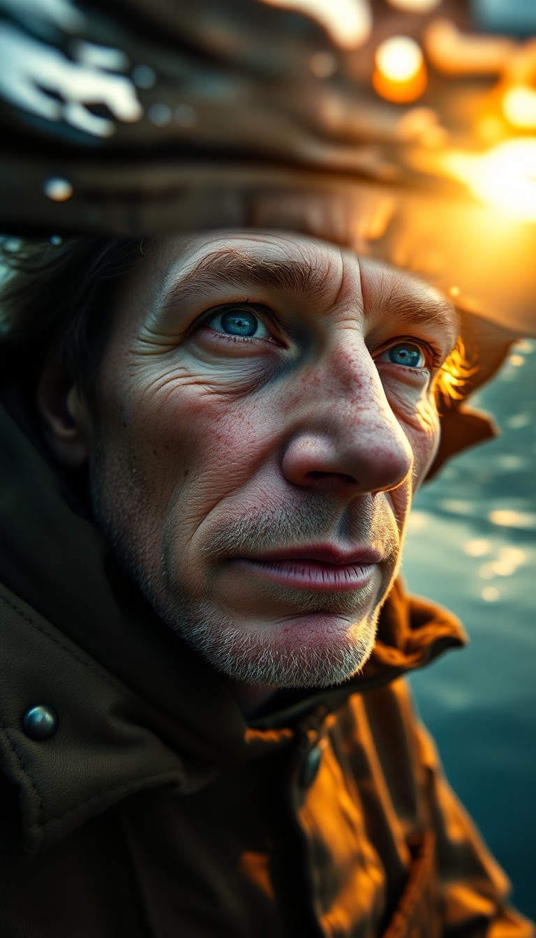 AI generated art for prompt: A portrait photograph captures a weathered European fisherman with piercing blue eyes and rugged sun