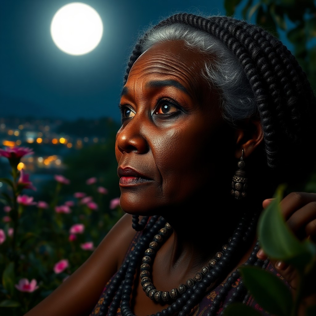 AI generated art for prompt: Craft a photorealistic portrait of a middle-aged African woman with deep brown eyes and gray hair ad