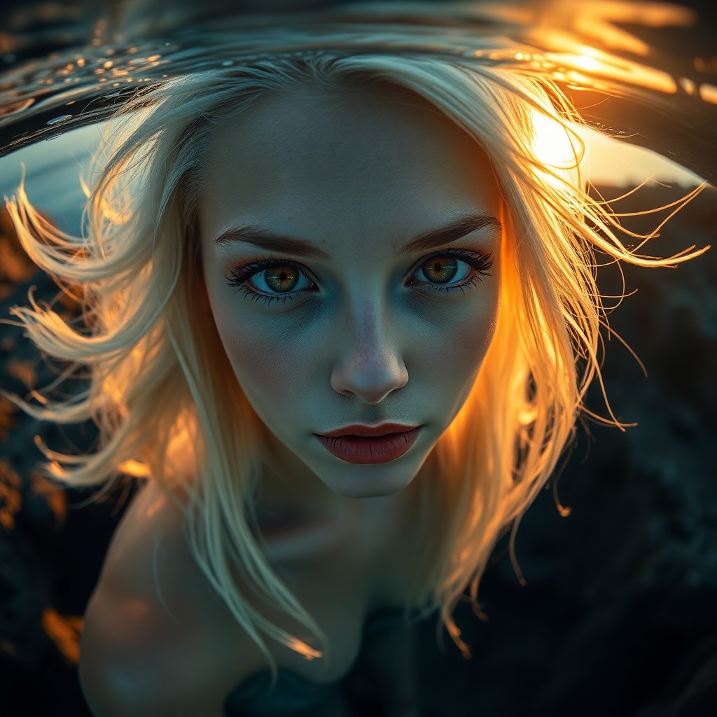 AI generated art for prompt: A captivating portrait photograph showcases a Nordic woman's perplexing allure with piercing amber e