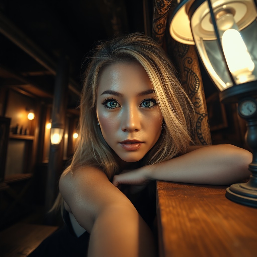 AI generated art for prompt: A portrait photograph captures an East Asian woman with striking blue eyes and blonde hair, illumina