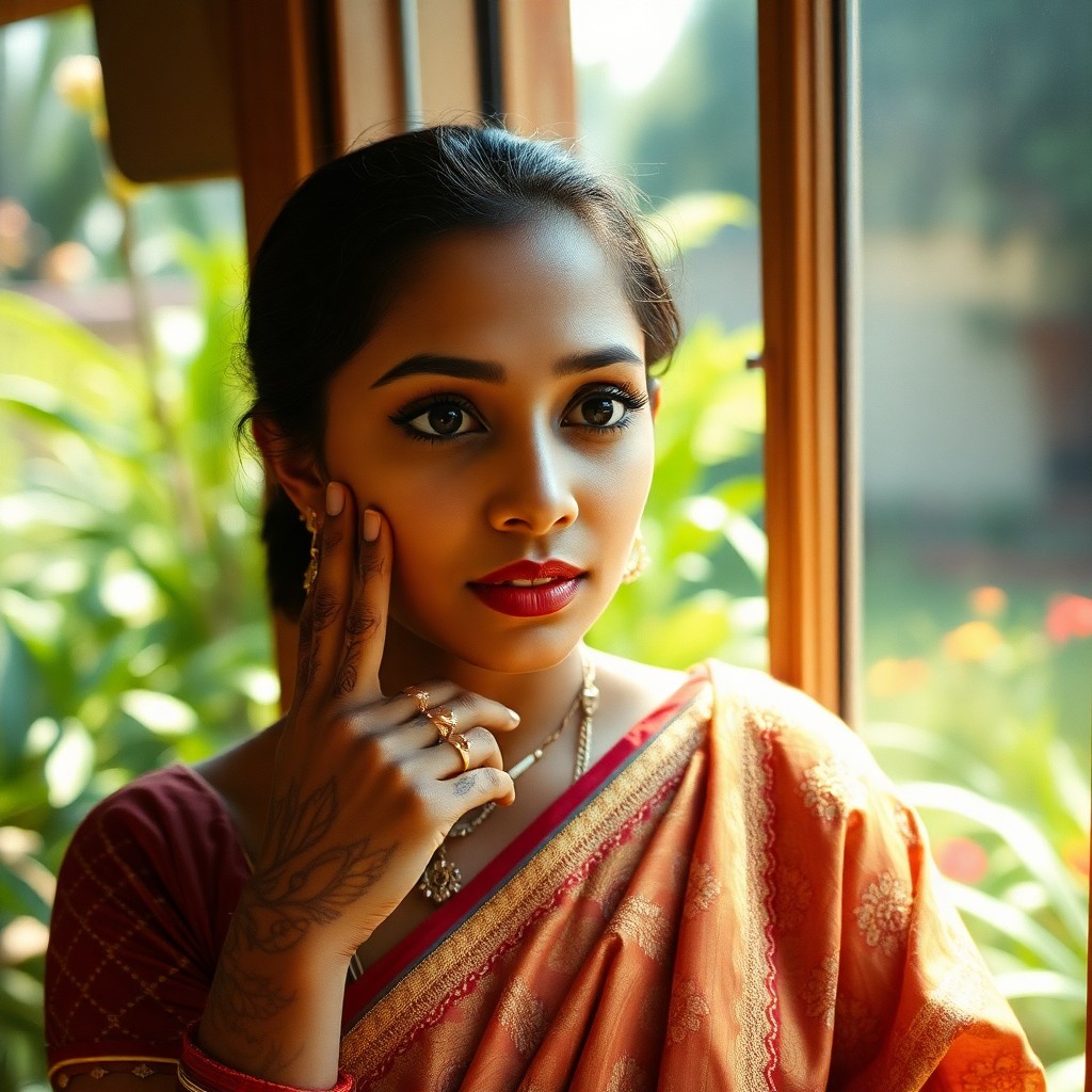 AI generated art for prompt: A photorealistic portrait photograph captures a South Asian woman's enigmatic allure through a film 