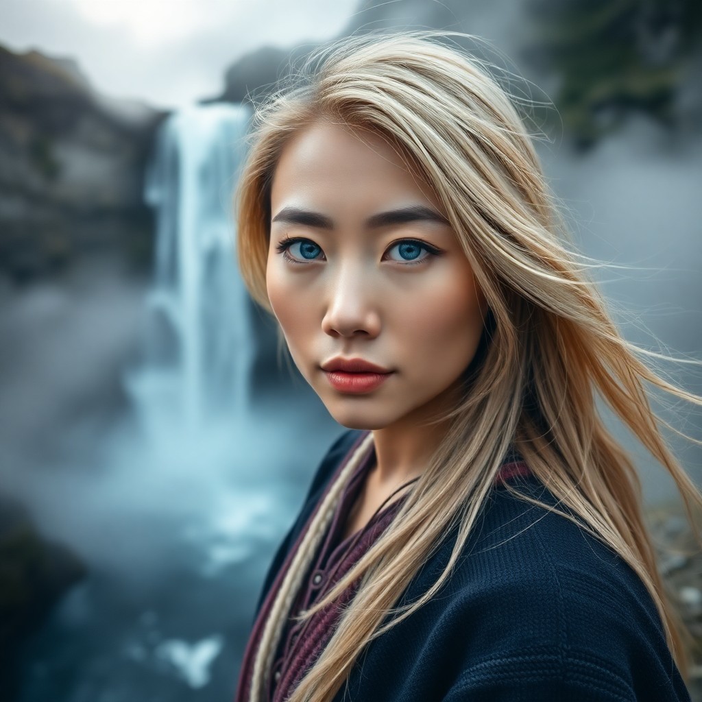 AI generated art for prompt: A serene East Asian woman with piercing blue eyes and flowing blonde hair stands near a pristine Nor