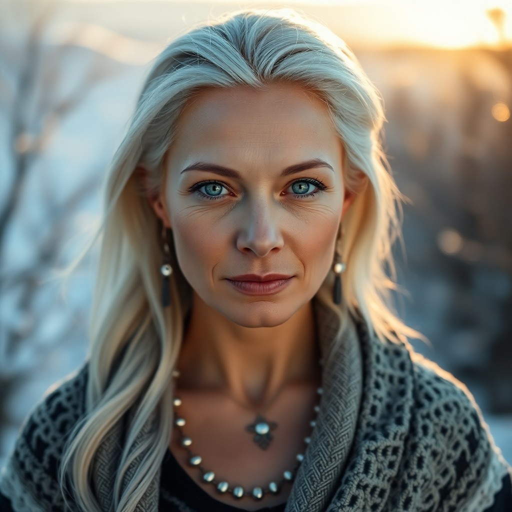 AI generated art for prompt: A portrait photo showcases a Pacific Islander woman with striking blue eyes and platinum blonde hair