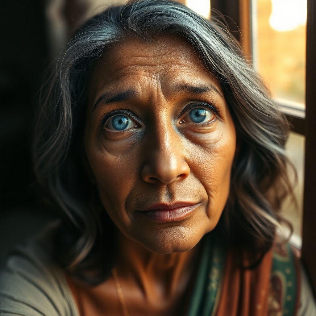 AI generated art for prompt: A photorealistic portrait photograph captures the enigmatic gaze of a middle-aged South Asian woman 