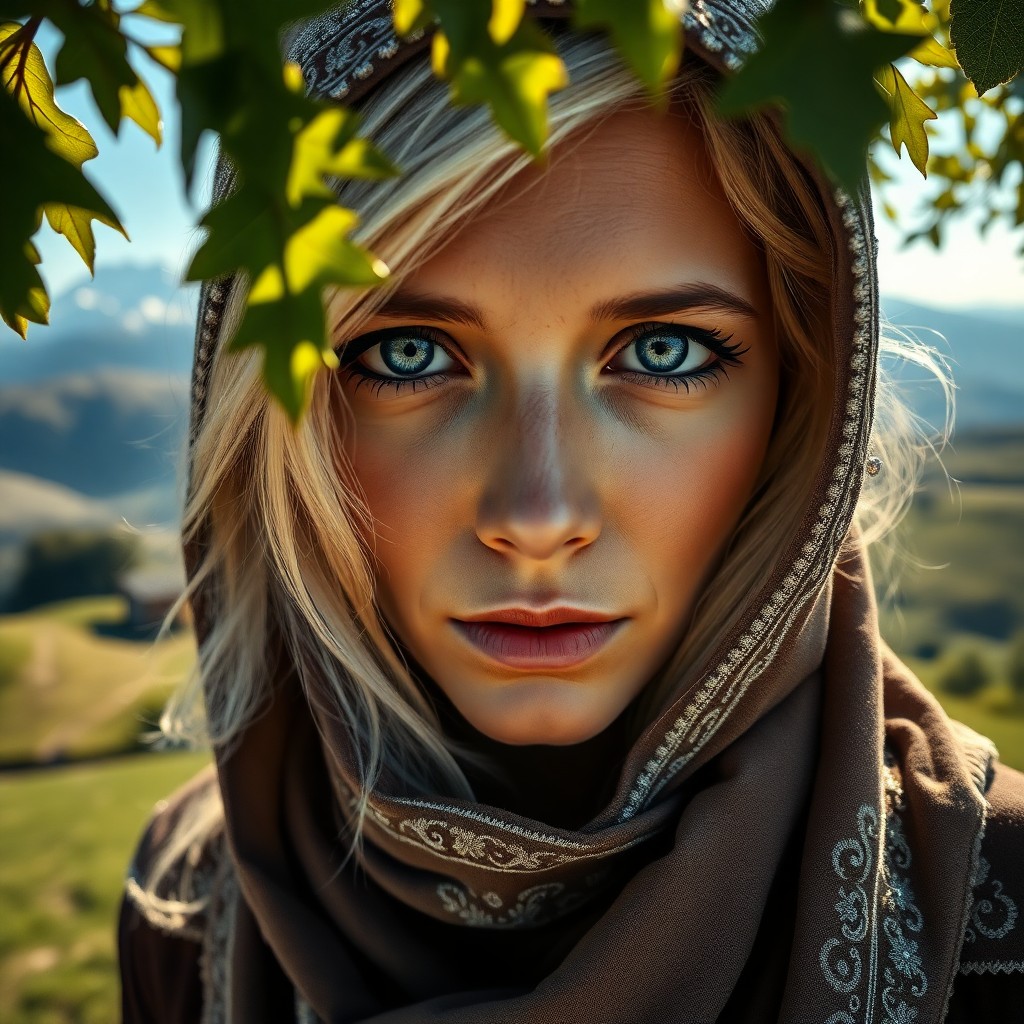 AI generated art for prompt: A captivating portrait photograph of a Slavic woman with piercing blue eyes and flowing platinum hai