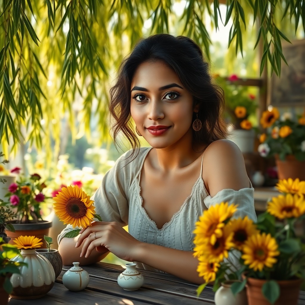 AI generated art for prompt: Craft a photorealistic portrait of a serene South Asian woman with captivating hazel eyes, bathed in