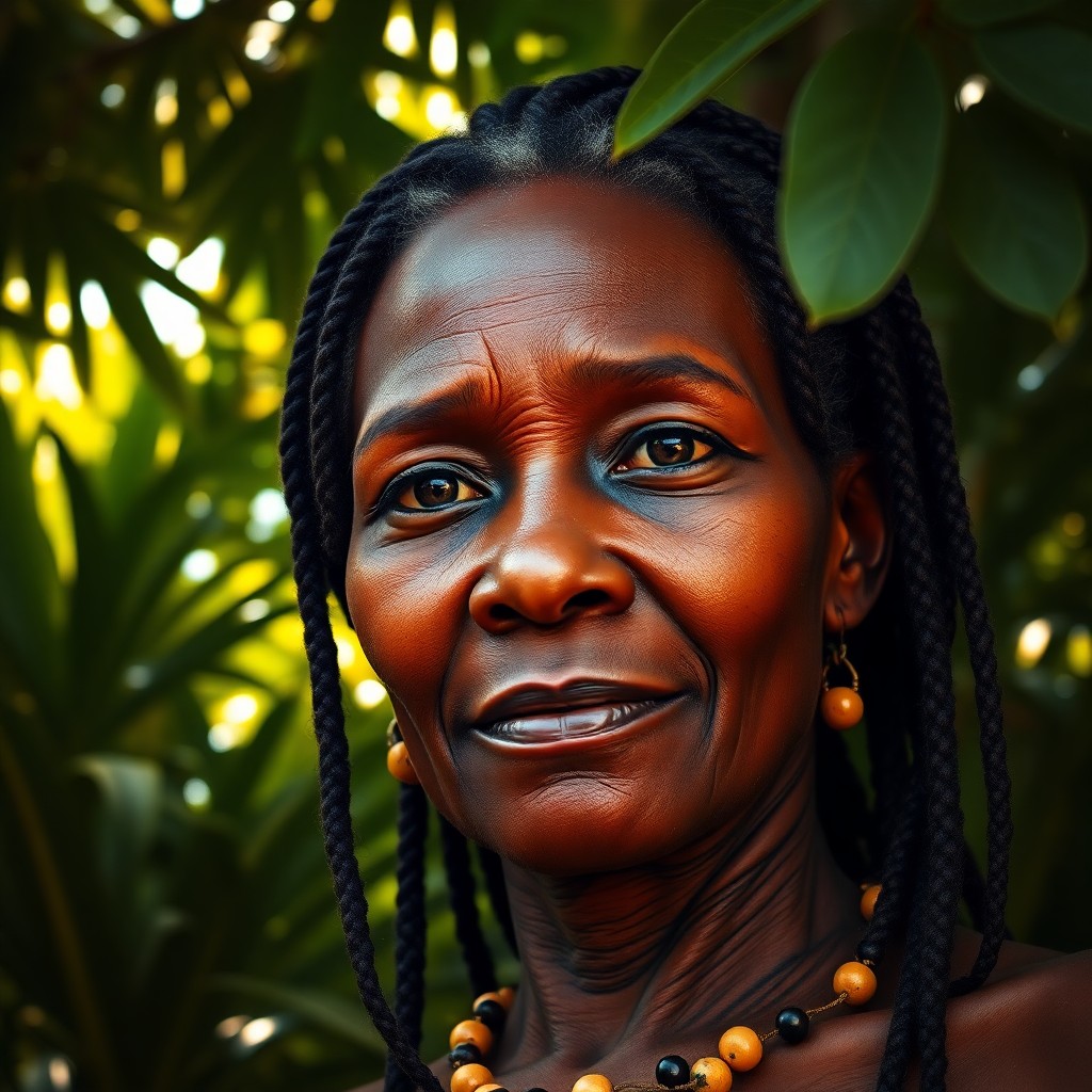 AI generated art for prompt: A hyperrealistic portrait showcases a middle-aged African woman with warm, dark eyes and a serene ex