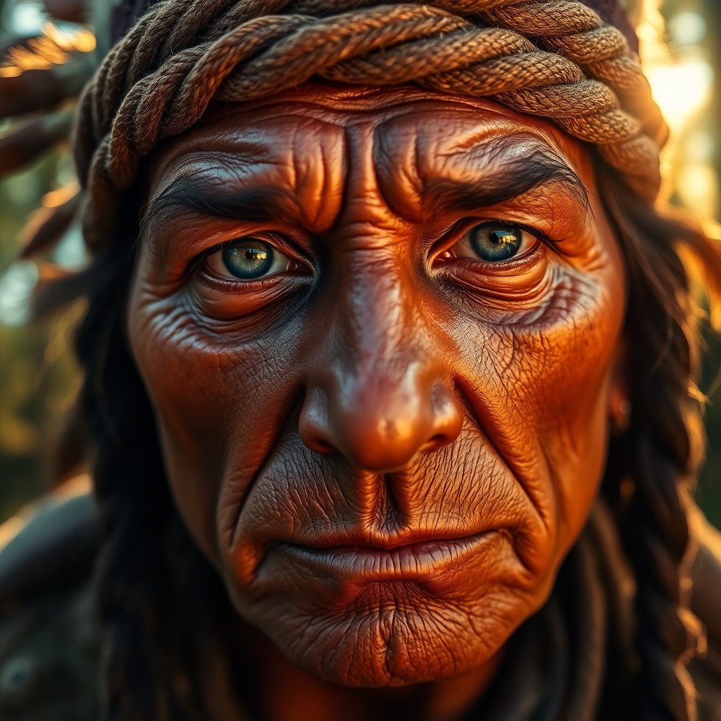 AI generated art for prompt: A captivating portrait photo showcases a seasoned Native American explorer with piercing blue eyes a