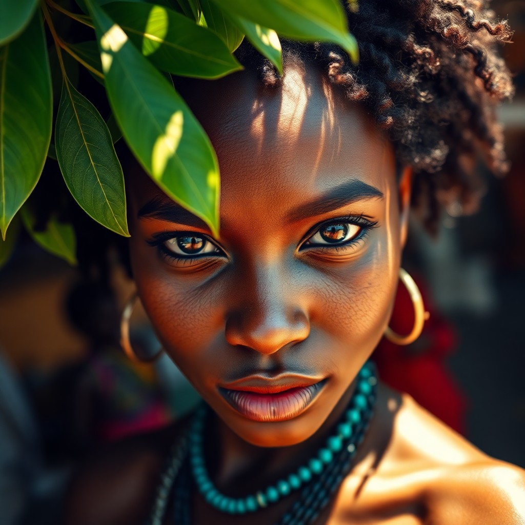 AI generated art for prompt: Imagine a hyper-realistic portrait of a young African woman with deep chocolate-brown eyes and radia