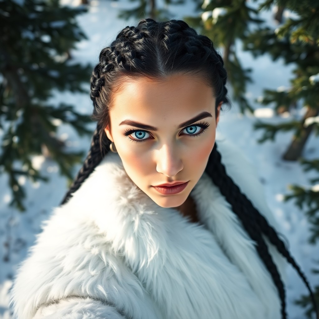 AI generated art for prompt: An iPhone portrait of a Nordic woman with striking ice-blue eyes and braided raven hair, captured fr