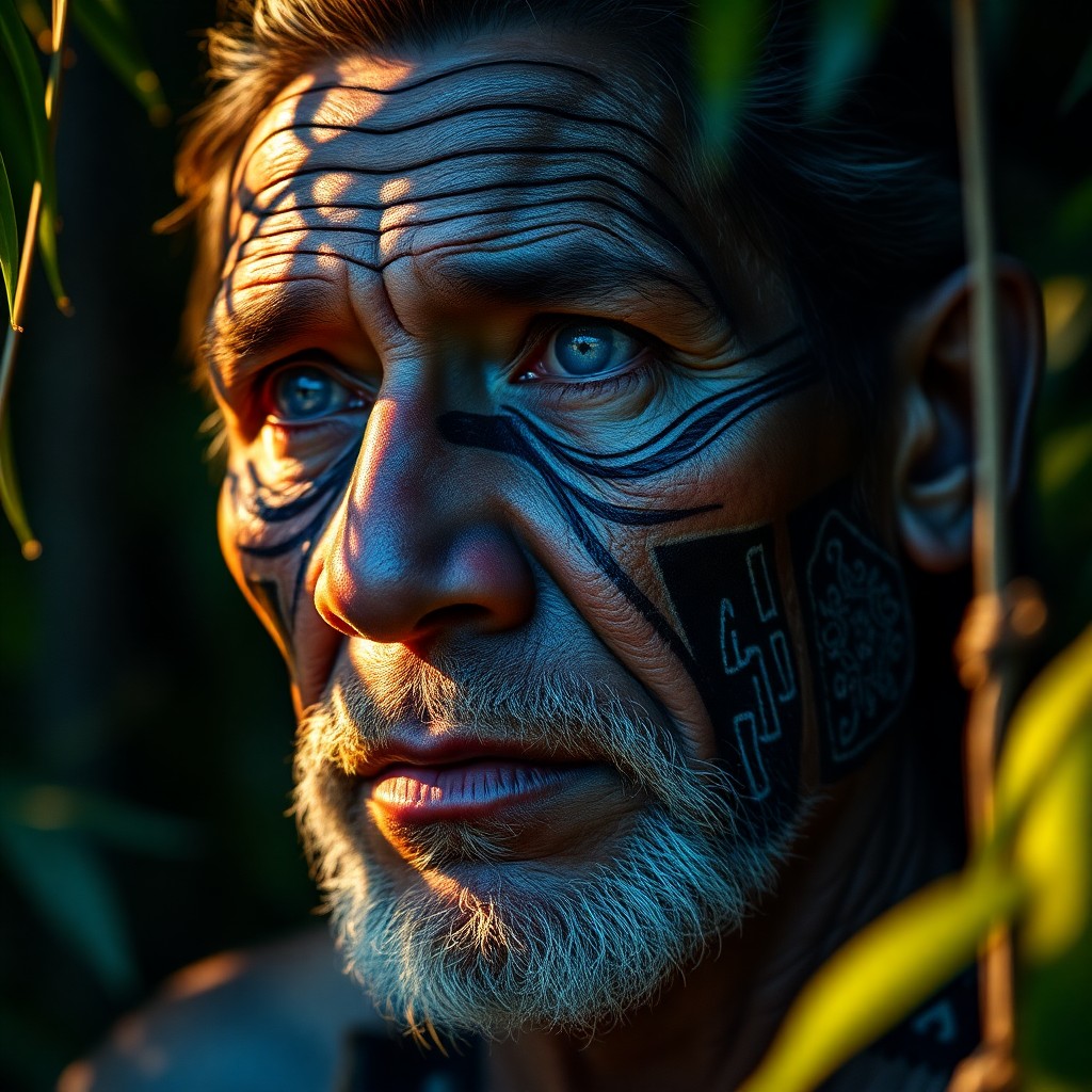 AI generated art for prompt: A photorealistic portrait photograph captures the enigmatic presence of a Maori elder, his striking 