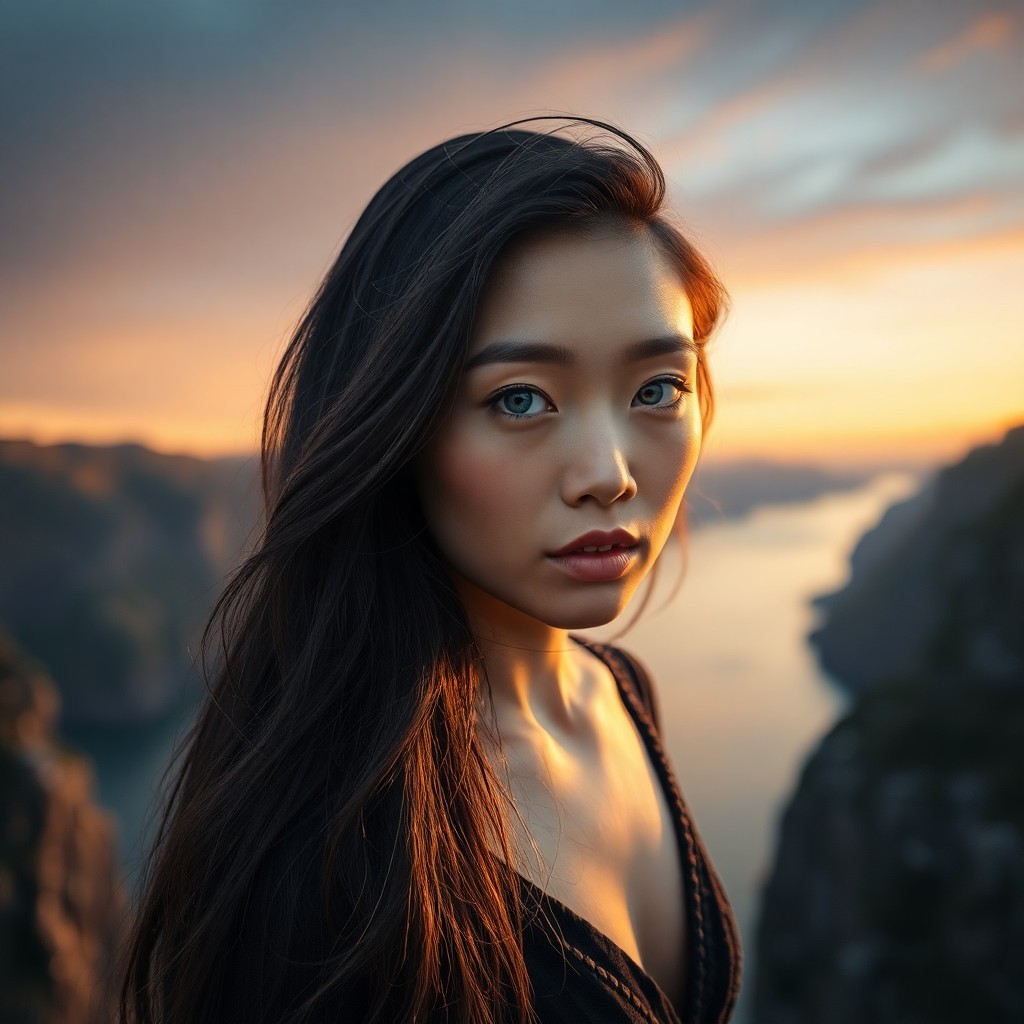 AI generated art for prompt: Compose a photorealistic portrait of an enigmatic East Asian woman with piercing blue eyes and casca