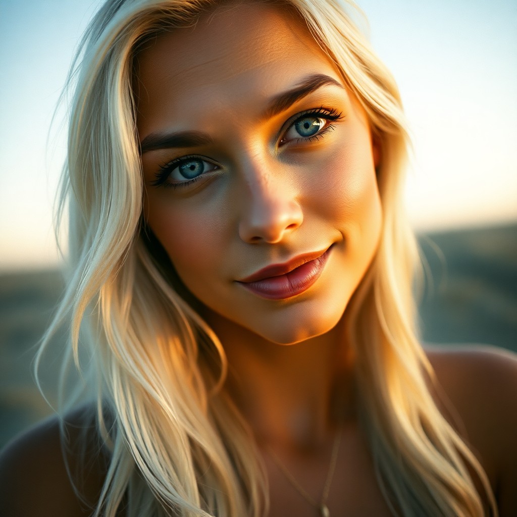 AI generated art for prompt: A film camera captures a portrait of a Hispanic woman with striking blue eyes and long, wavy platinu