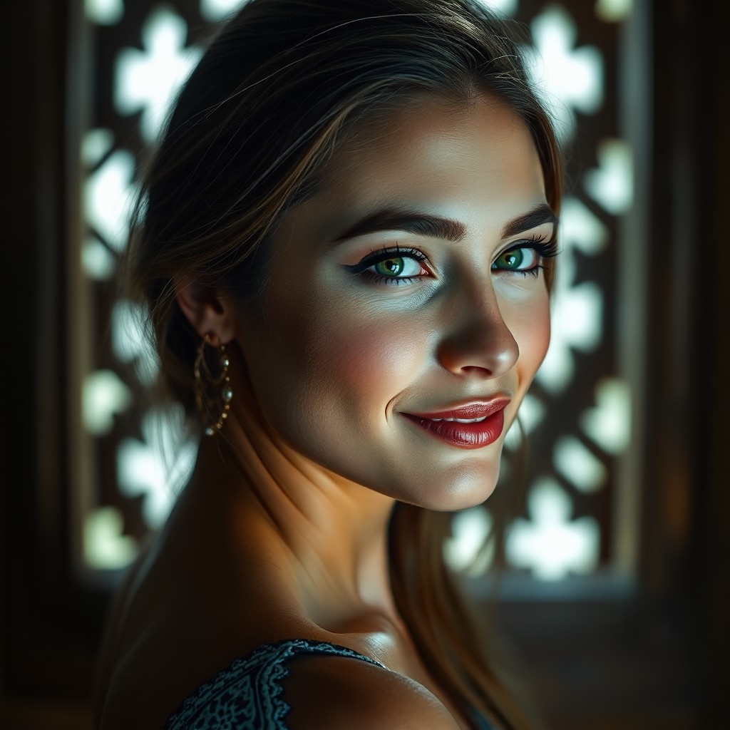 AI generated art for prompt: Envision a captivating portrait photograph of a young Middle Eastern woman with striking emerald eye