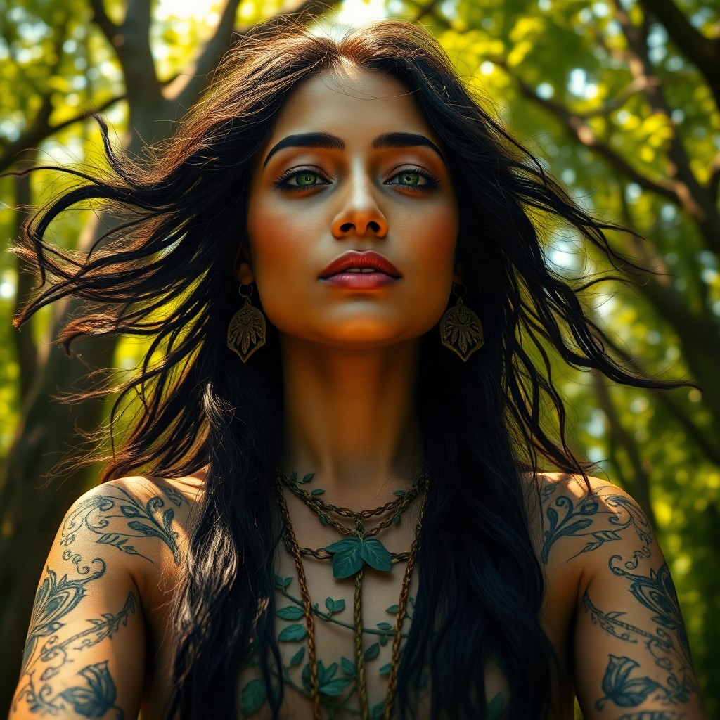 AI generated art for prompt: Envision a photorealistic portrait of a South Asian female shaman with piercing green eyes and flowi