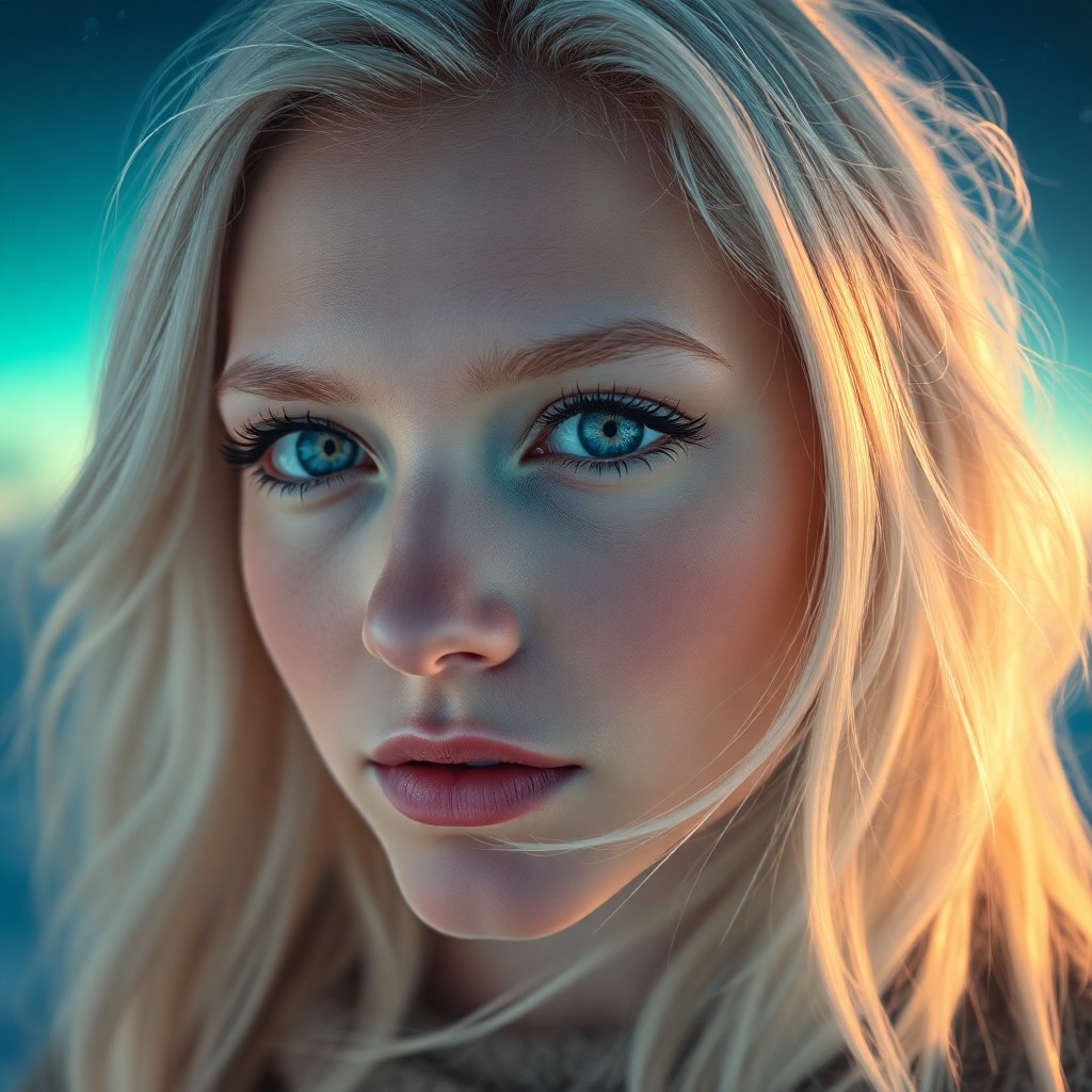 AI generated art for prompt: A portrait photograph showcasing a Nordic woman's piercing blue eyes and flowing platinum hair from 