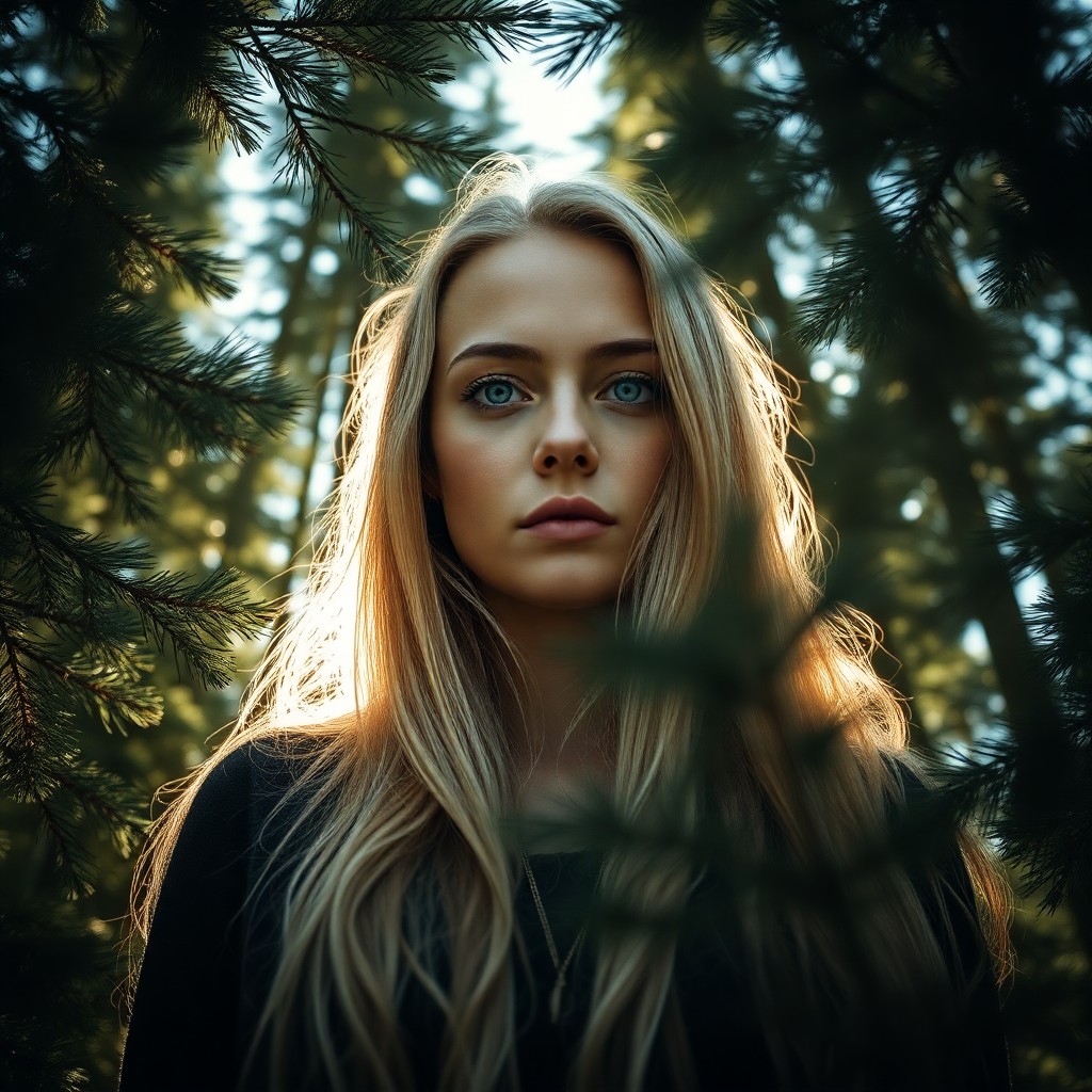 AI generated art for prompt: Craft a hyperrealistic portrait of a Nordic woman with piercing blue eyes and long, blonde hair illu