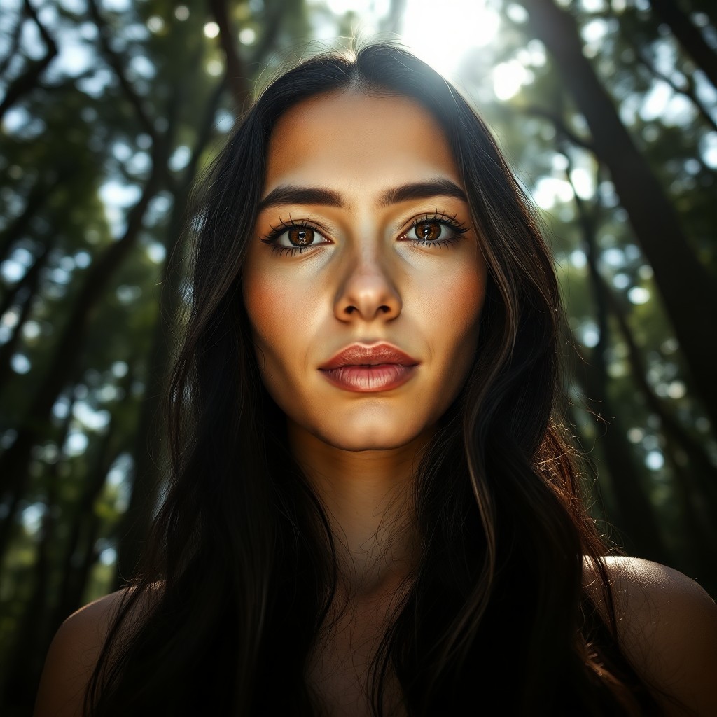 AI generated art for prompt: Imagine a portrait photograph capturing an indigenous American woman with striking amber eyes and po