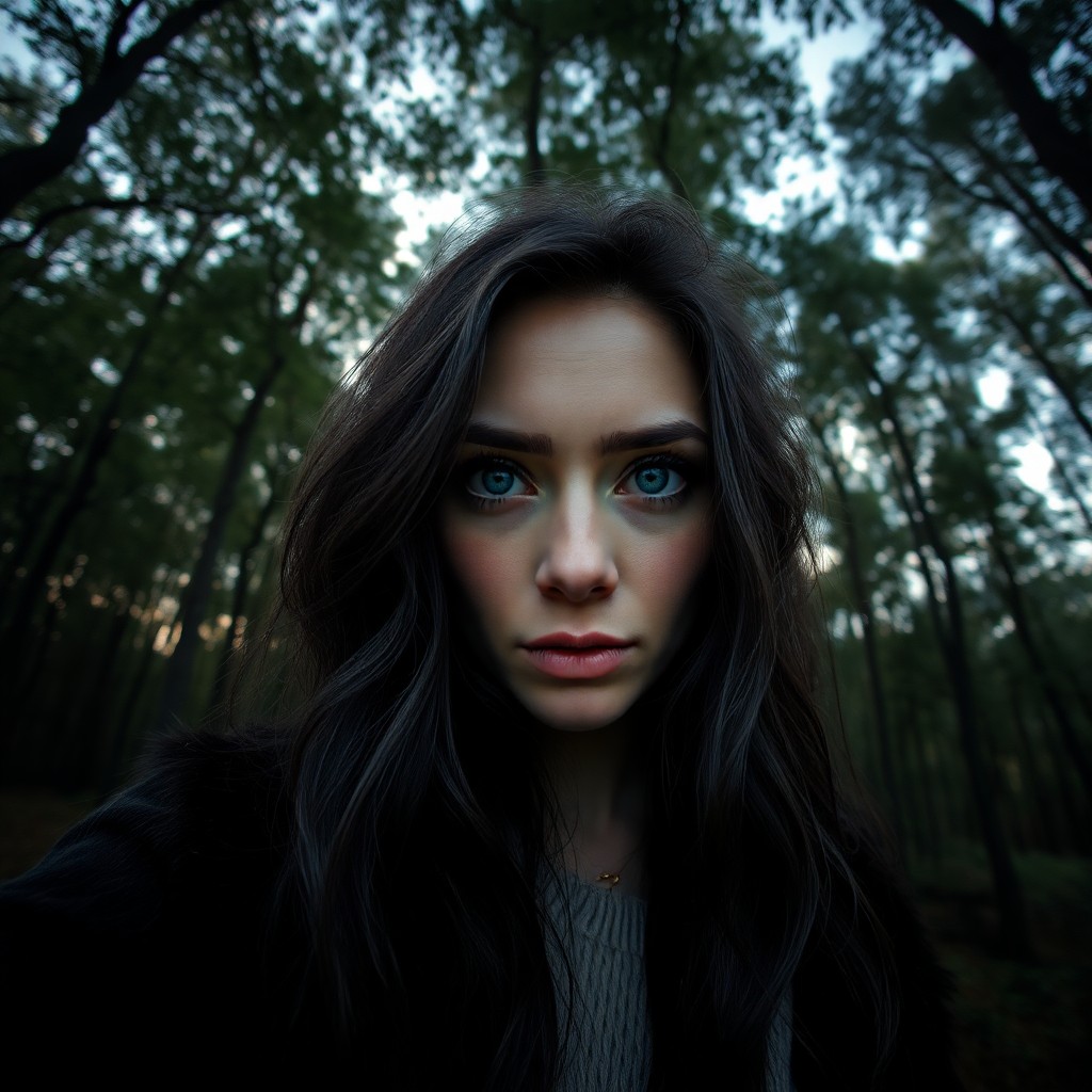 AI generated art for prompt: Envision a smartphone-captured portrait of a cryptic Nordic woman, her piercing blue eyes and raven 