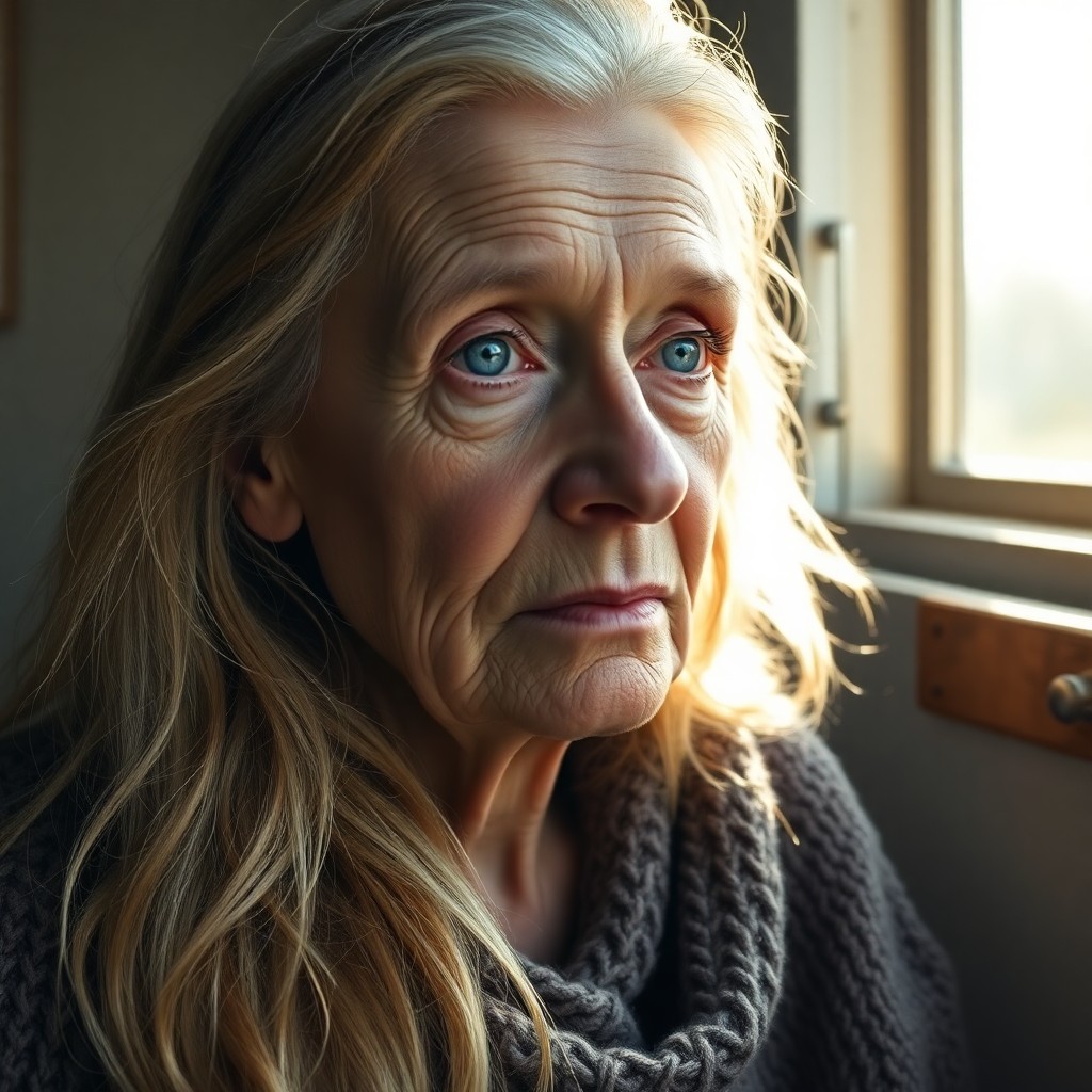 AI generated art for prompt: Craft a photorealistic portrait of an aged European woman with striking blue eyes and flowing golden