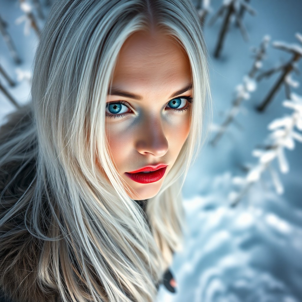 AI generated art for prompt: A portrait photograph showcases a Nordic woman with intense ice-blue eyes and long platinum hair str