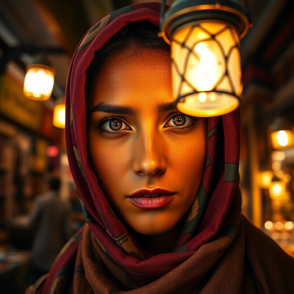 AI generated art for prompt: A photorealistic portrait depicts a Middle Eastern woman's enigmatic allure, her soulful dark eyes a