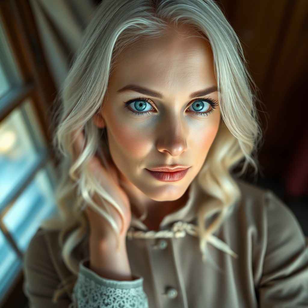 AI generated art for prompt: Imagine a photorealistic portrait of a Nordic woman in her early 40s, with piercing blue eyes and de