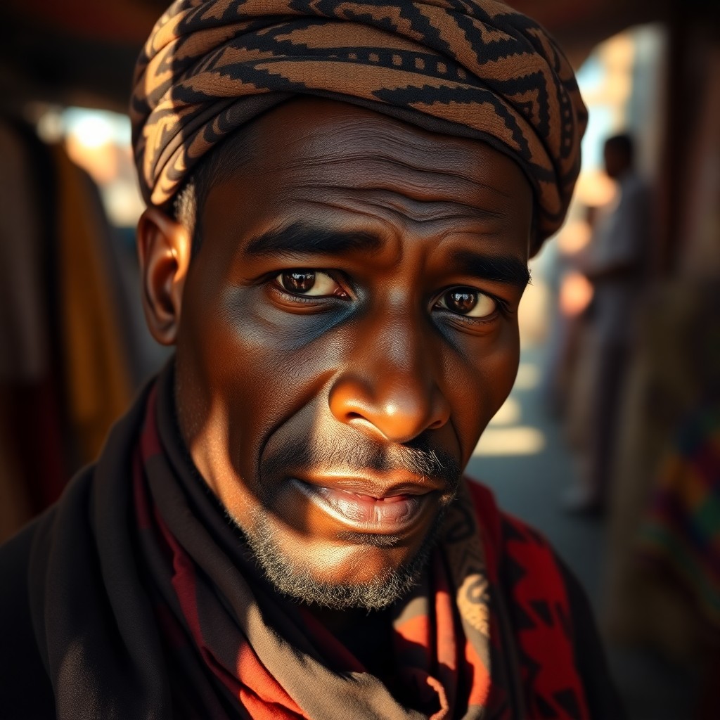 AI generated art for prompt: An ultrarealistic portrait showcases a 45-year-old African man with mahogany skin, high cheekbones, 