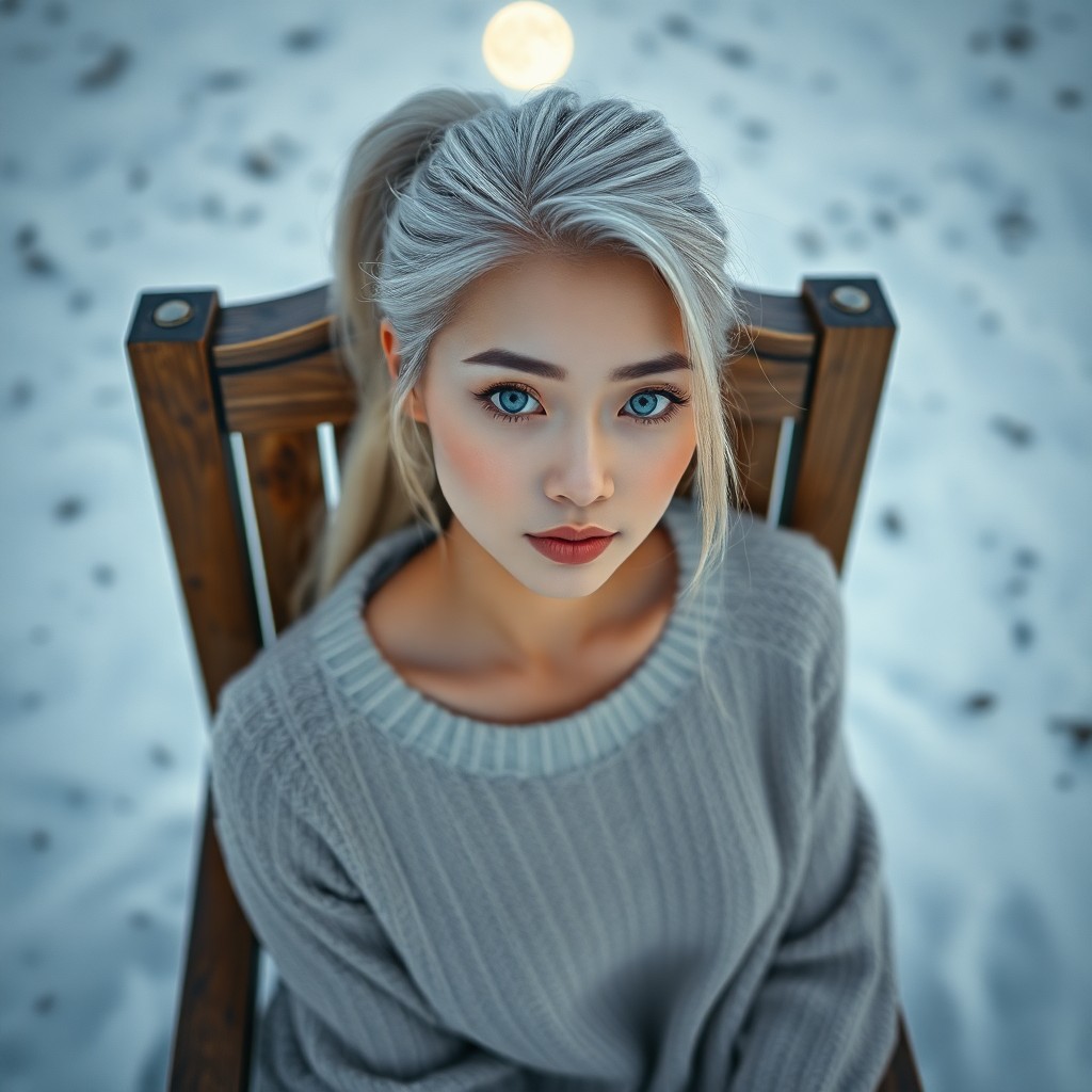 AI generated art for prompt: Envision a portrait of an East Asian woman with icy blue eyes and platinum blonde hair in a sleek po