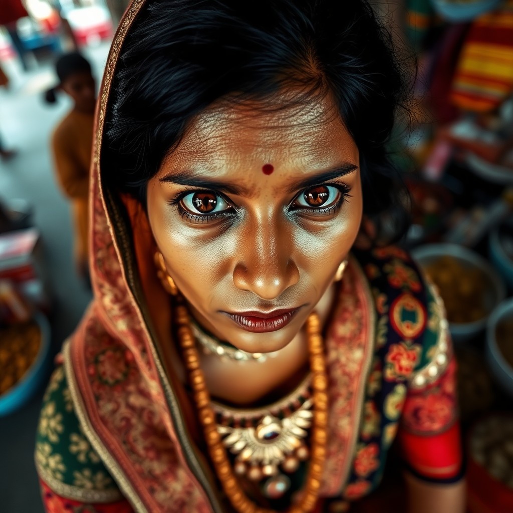 AI generated art for prompt: Craft a photorealistic portrait with an iPhone, showcasing a South Asian woman's intense gaze and de