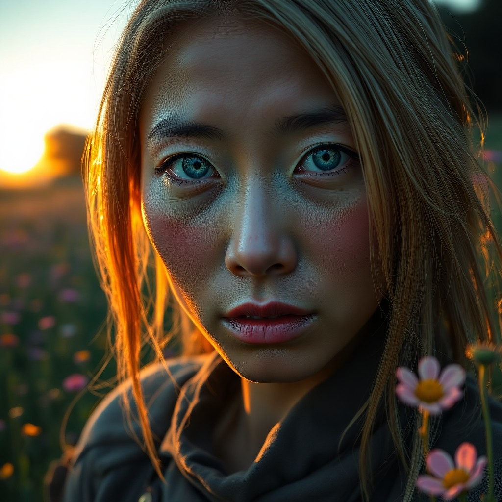 AI generated art for prompt: Craft a hyper-realistic portrait of an East Asian woman with piercing blue eyes and silky blonde hai