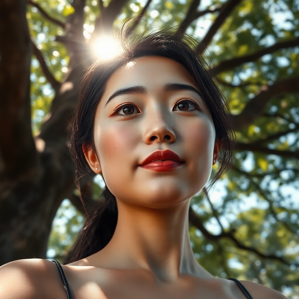 AI generated art for prompt: Craft an iPhone portrait of a young East Asian woman with captivating golden-brown eyes, delicate no