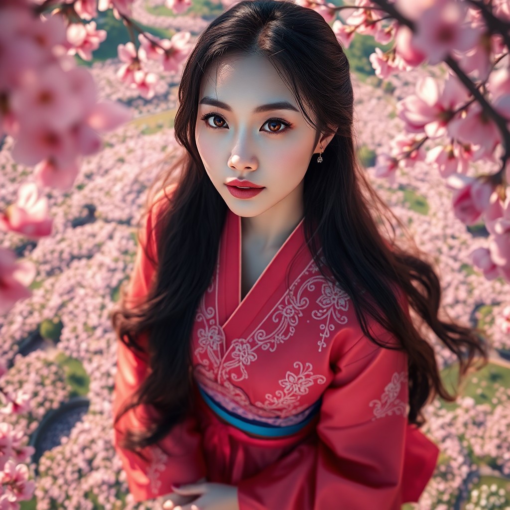 AI generated art for prompt: Envision a photorealistic portrait of an East Asian woman with deep amber eyes and jet-black hair, e